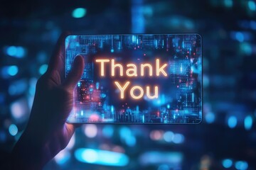 Gratitude message concept with glowing "Thank You" text on a virtual screen representing appreciation in communication