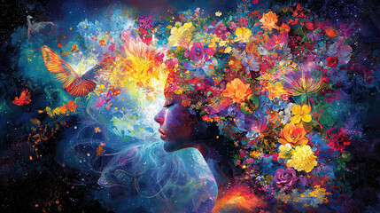Obraz premium surreal image of woman with vibrant flowers and butterflies in her hair, evoking sense of wonder and beauty