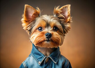 Fototapeta premium Adorable Yorkie Puppy in Denim Jacket - Cute Dog Stock Photo