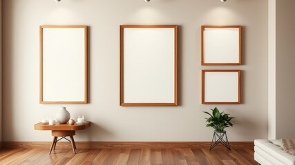 Minimalist interior design with empty wooden frames and a small side table