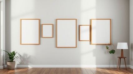 Minimalist interior design with blank frames and plant