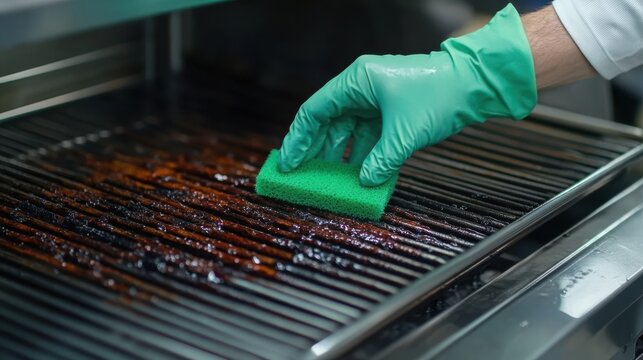A person wearing gloves scrubs a dirty grill surface with a green sponge, demonstrating cleaning techniques for kitchen equipment.