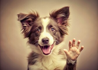 Fototapeta premium Funny Border Collie Puppy Waves Paw, Vintage Photo Style, Cute Pet Dog Isolated on White