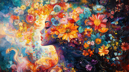 Fototapeta premium vibrant portrait of woman with colorful flowers in her hair, radiating joy and creativity