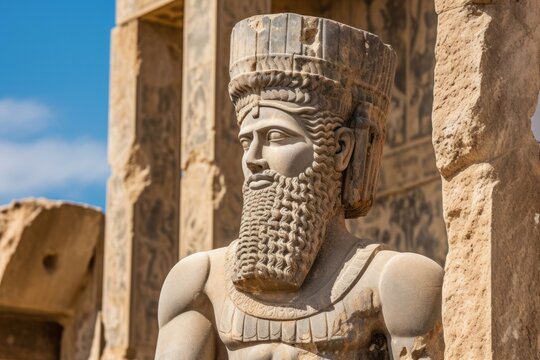 Stone statue of a persian king with a beard and crown standing in the ruins of persepolis, iran