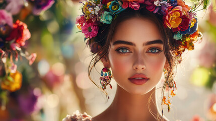 Naklejka premium woman with floral crown and colorful hair, surrounded by vibrant flowers, exudes joyful and enchanting aura
