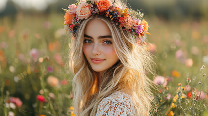 Naklejka premium woman with floral crown and colorful hair smiles in vibrant flower field, radiating joy and beauty