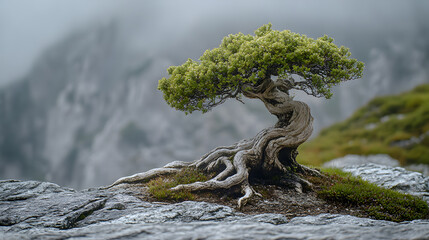 Fototapeta premium An ancient bonsai tree with gnarled roots, with a rocky mountainside as the background, during an overcast day