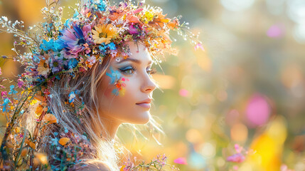 Obraz premium woman with floral inspired outfit and colorful flower crown, surrounded by vibrant nature, exudes serene and enchanting aura