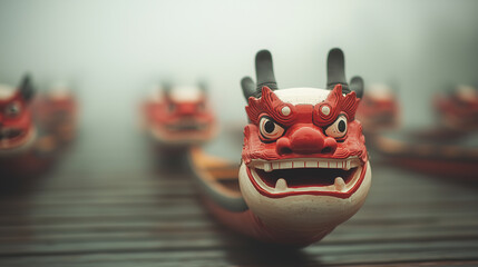 Naklejka premium Dragon boat heads arranged on a misty dock during a calm morning, showcasing vibrant colors and intricate designs. Generative AI