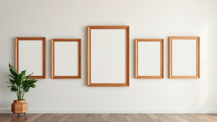 Gallery Wall Mockup Five Empty Light Wood Frames on a White Wall with a Potted Plant