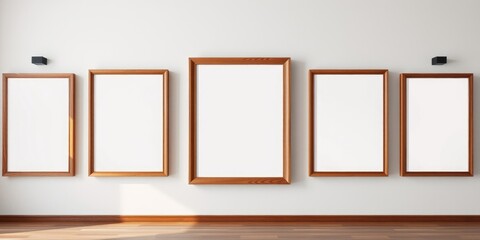 Five blank wooden picture frames on a white wall in a room with wood flooring