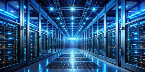 Obraz premium Futuristic Data Center: Glowing Lines & Digital Interfaces in Blue & Black