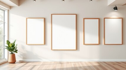 Modern minimalist room interior with three blank frames for artwork or photography