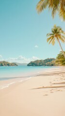 Fototapeta premium A tranquil tropical island beach under a clear blue sky, featuring gentle waves and lush greenery. Palm trees sway softly by the water's edge.