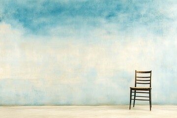 Lonely wooden chair blue textured wall in empty room