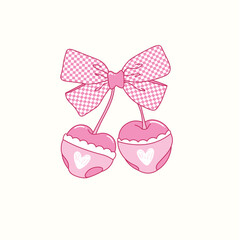 Pink buffalo plaid pattern bow and red cherry vector