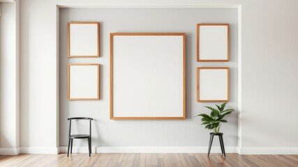Modern minimalist interior design with blank frames and a chair