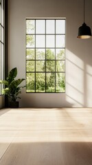 A sunlit modern loft with large grid windows offering a view of greenery. Wooden floors and a single plant create a minimalist, serene ambiance.