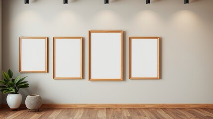 Fototapeta premium Minimalist interior design featuring four empty light wood picture frames on a neutral wall, complemented by a potted plant and woven basket