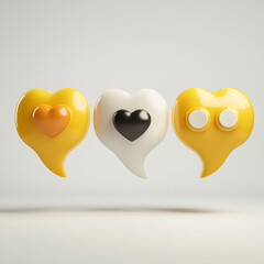 Three cartoon-style speech bubbles with heart icons, presented in a cheerful yellow and white color scheme. This playful design is perfect for social media or creative communication projects.