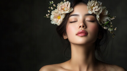 Fototapeta premium Minimalist portrait of woman with flowers in her hair, exuding calmness and beauty