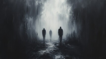 Fototapeta premium A mysterious scene featuring three shadowy figures in a foggy, dark environment.