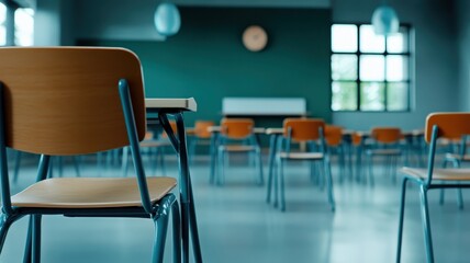 Empty school classroom with desks and chairs, a blurry view reflecting a quiet, unused learning environment.