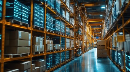 Fototapeta premium Modern Warehouse Interior Showing Rows Of Shelving With Packages