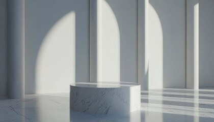 Obraz premium Marble Cylinder Display Platform In Sunlit White Room