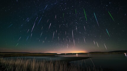 Night Sky Displaying Numerous Meteors Over Still Water