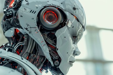 Fototapeta premium Futuristic robot is shown with glowing red lights and wires