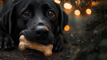 Obraz premium A black Labrador retriever with expressive eyes holding a chew bone, surrounded by festive lights.