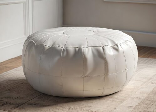 White leather pouf ottoman with stitching details, cube, textured, footrest
