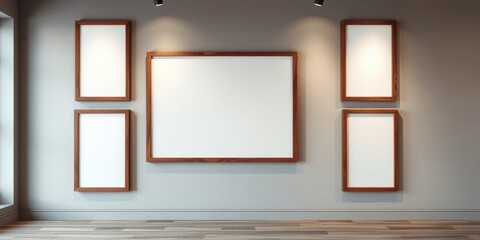 Empty wooden picture frames on a light grey wall in a room with wood flooring