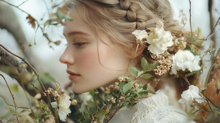 Fototapeta premium serene portrait of woman with braided hair adorned with flowers, surrounded by nature beauty