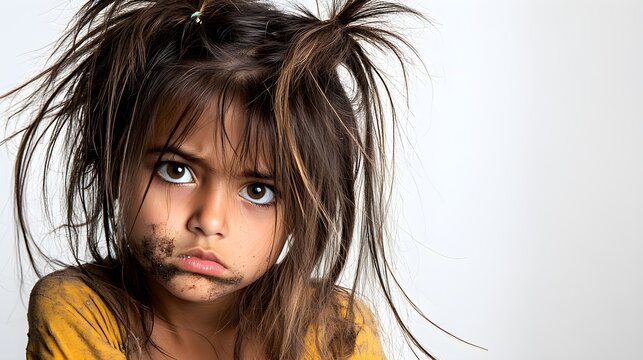 A photograph of an Indian girl child with a dirty face and unkempt hair, living in the slums, against a white background with dramatic lighting, in a cinematic style. 