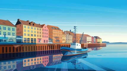 Calm summer cityscape illustration of a fishing motorboat at a vibrant seaport with morning light