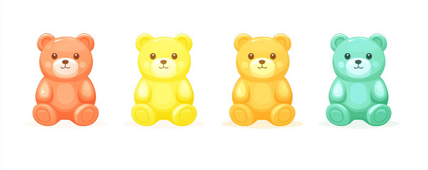 Obraz premium A colorful illustration of gummy bears in various bright hues, displayed in a flat and minimalist design against a crisp white background.