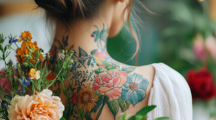 Naklejka premium woman with colorful floral tattoo on her back stands among vibrant flowers, showcasing intricate designs and natural beauty