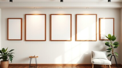Fototapeta premium Modern minimalist interior with blank frames and cozy seating