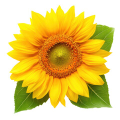 Fototapeta premium Radiant Sunflower: A vibrant, close-up shot of a single sunflower in full bloom, showcasing its rich yellow petals and contrasting green leaves. The image exudes warmth, nature's beauty.