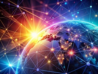 Global Network Connection: Abstract 3D Earth Map with Blockchain Data Flow