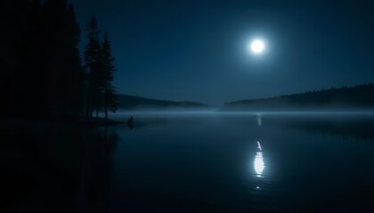 Obraz premium Serene Moonlight Over Foggy Lake And Trees