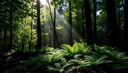 Obraz premium Sunbeams Illuminate Lush Forest Ferns And Trees