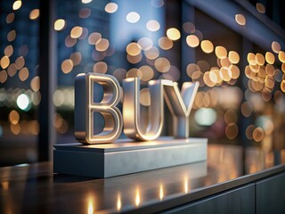 Glowing Luxury Buy Inscription on Grey Podium - Long Exposure Stock Photo