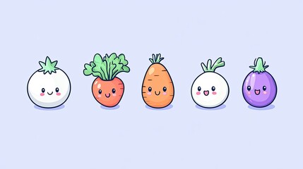 Set of small carrots, eggplants, tomatoes, onions, broccoli in kawaii style. Tiny vegetables in various poses. Can be used for t-shirt prints, stickers, greeting card designs. 