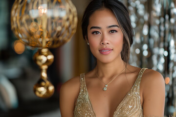 A stunning portrait of a woman wearing a golden shimmering dress with a glowing bokeh background, radiating elegance and sophistication.
