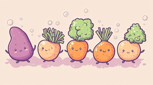 Set of small carrots, eggplants, tomatoes, onions, broccoli in kawaii style. Tiny vegetables in various poses. Can be used for t-shirt prints, stickers, greeting card designs.