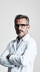 Fototapeta premium A professional adult man, possibly a dentist, stands with crossed arms. He wears glasses and a white lab coat, exuding a friendly and confident demeanor.
